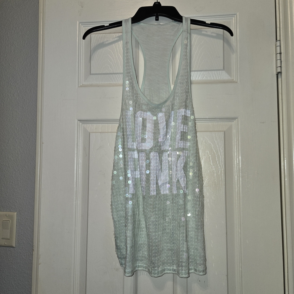 PINK Victoria's Secret Mint Sequin 'LOVE PINK' Racerback Tank